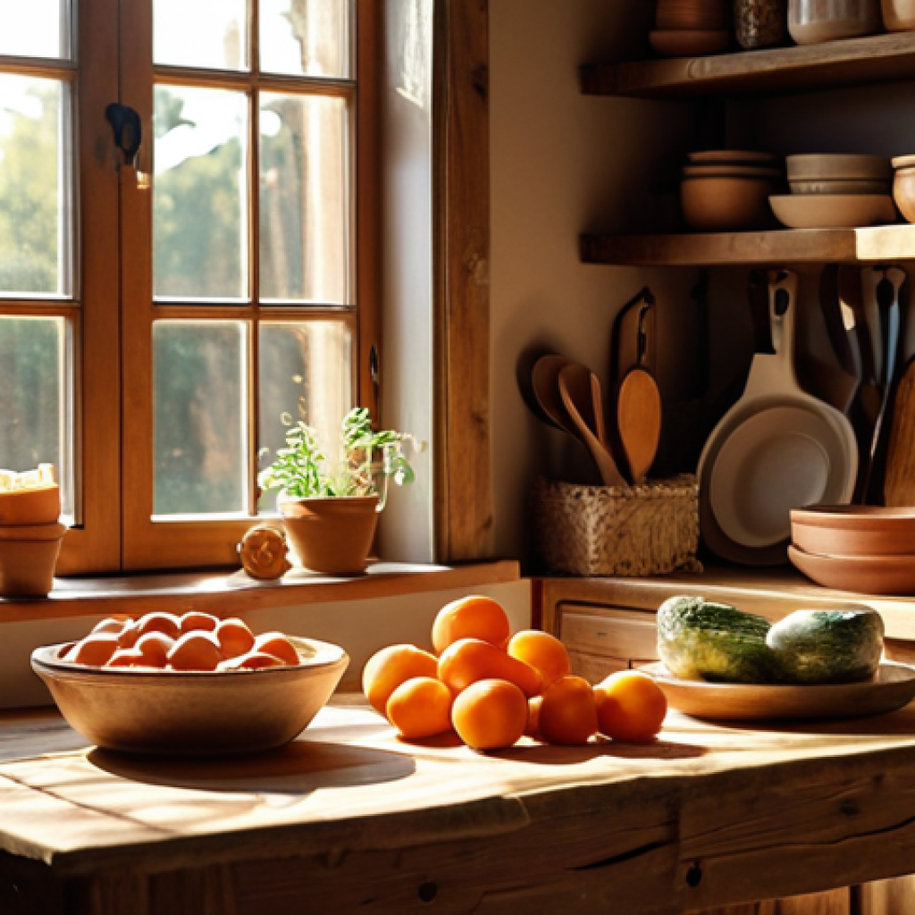 **

A cozy, rustic kitchen scene. Focus on natural materials like wood and glass. Display handmade ceramic dishes on a wooden table. Sunlight streams through a window, illuminating the scene. The overall mood is warm, inviting, and emphasizes quality craftsmanship. Include elements like a reusable shopping bag filled with fresh, local produce.

**