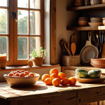 **

A cozy, rustic kitchen scene. Focus on natural materials like wood and glass. Display handmade ceramic dishes on a wooden table. Sunlight streams through a window, illuminating the scene. The overall mood is warm, inviting, and emphasizes quality craftsmanship. Include elements like a reusable shopping bag filled with fresh, local produce.

**