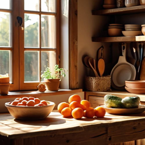 **

A cozy, rustic kitchen scene. Focus on natural materials like wood and glass. Display handmade ceramic dishes on a wooden table. Sunlight streams through a window, illuminating the scene. The overall mood is warm, inviting, and emphasizes quality craftsmanship. Include elements like a reusable shopping bag filled with fresh, local produce.

**