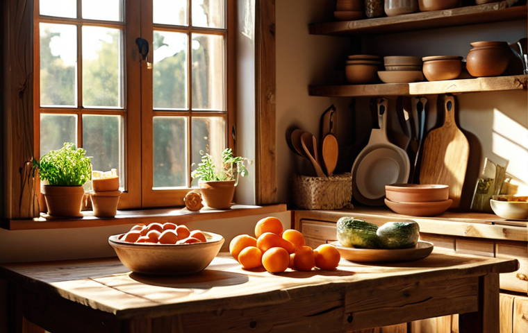 **

A cozy, rustic kitchen scene. Focus on natural materials like wood and glass. Display handmade ceramic dishes on a wooden table. Sunlight streams through a window, illuminating the scene. The overall mood is warm, inviting, and emphasizes quality craftsmanship. Include elements like a reusable shopping bag filled with fresh, local produce.

**