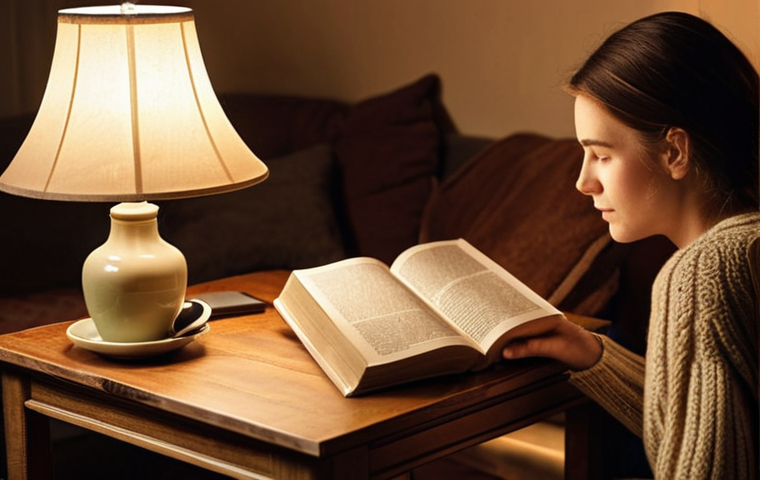 ** A cozy living room scene. Someone is reading a physical book by the warm light of a table lamp. No screens are visible. Maybe a cup of tea is nearby. Focus on the feeling of peace and analog simplicity.

**